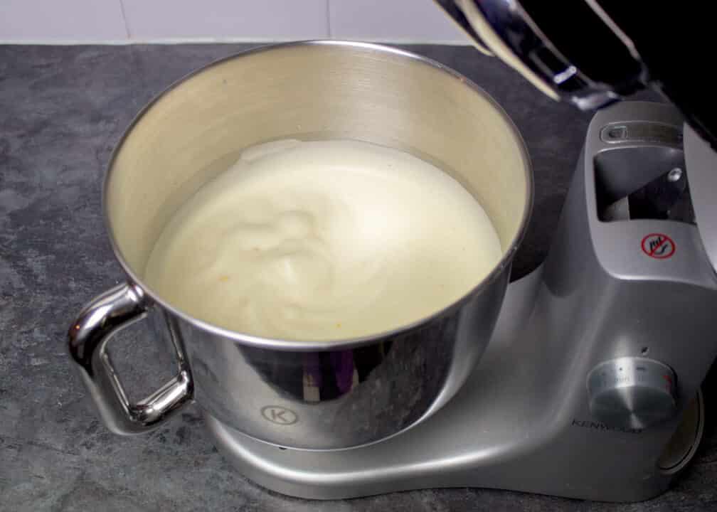 Whisked egg whites in an electric stand mixer