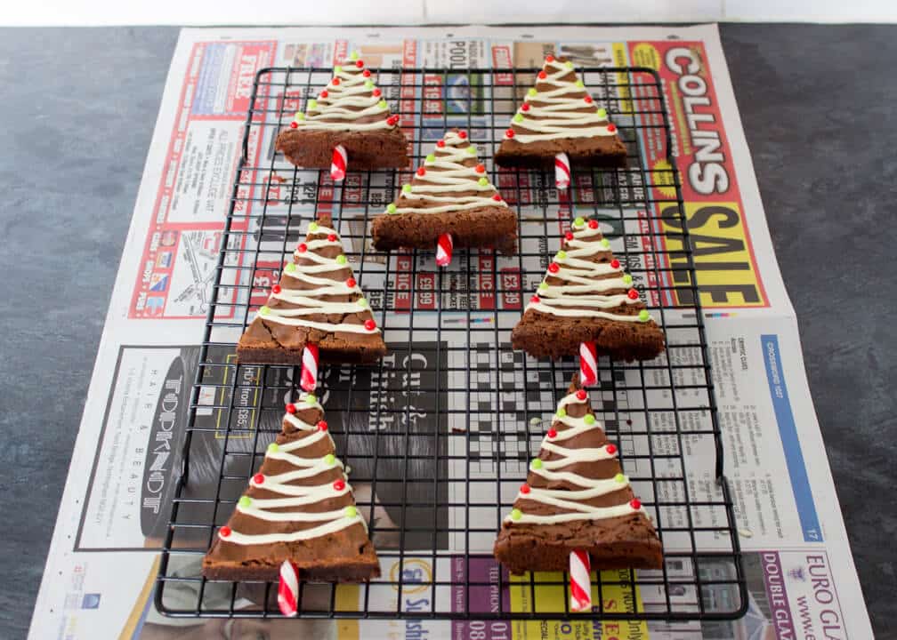 Triangle brownies decorated as Christmas trees