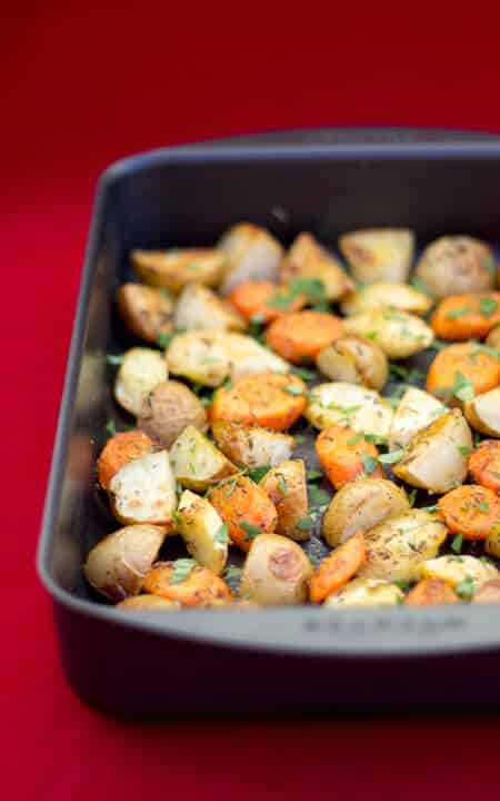 Roast vegetables in a roasting tin
